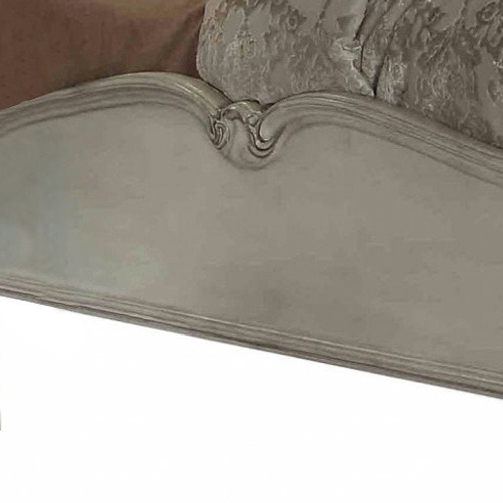 Gray and Bone Carved Scrollwork Solid Wood And Tufted Faux Leather Queen Bed Frame With Nailhead Trim