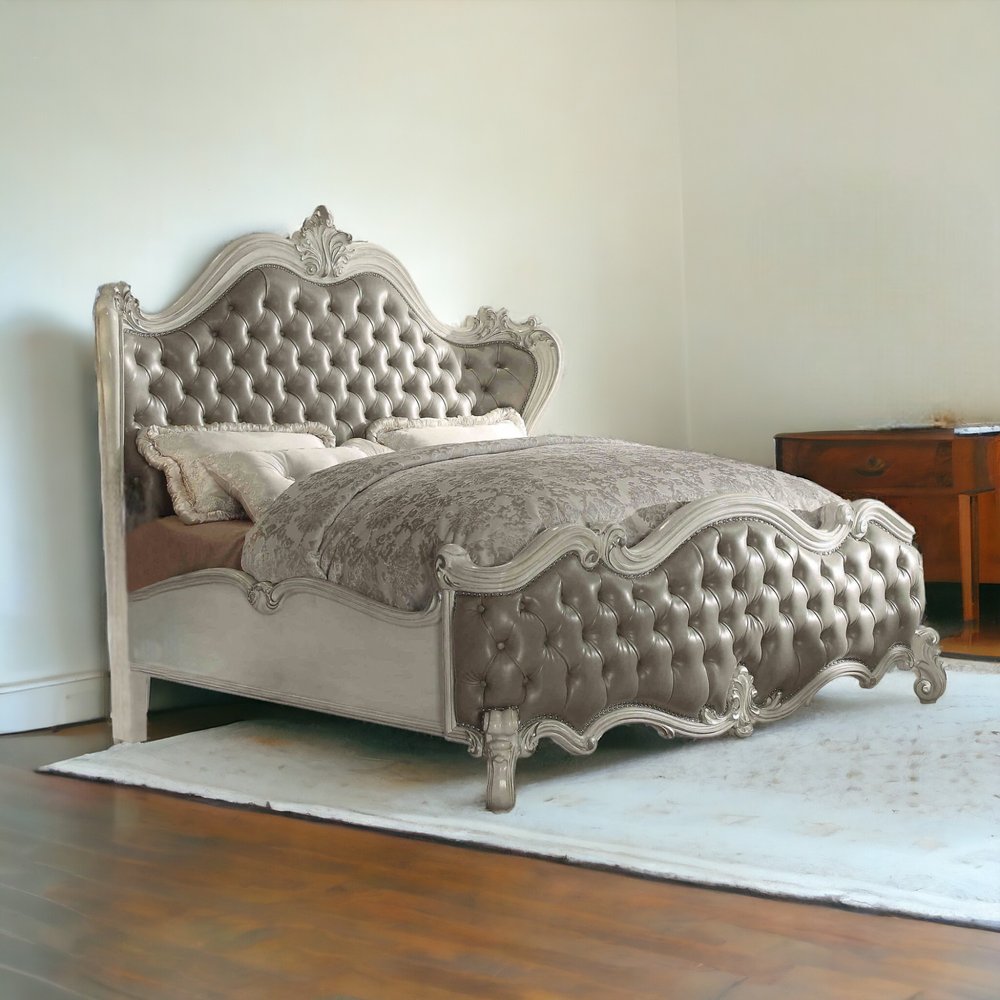 Gray and Bone Carved Scrollwork Solid Wood And Tufted Faux Leather Queen Bed Frame With Nailhead Trim