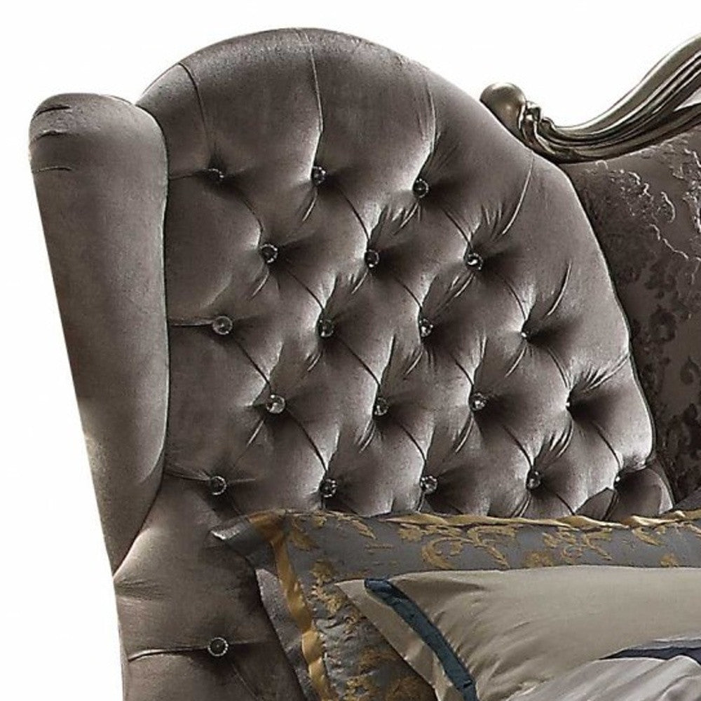 87" X 100" X 75" Velvet Antique Platinum Upholstery Poly Resin California King Bed
