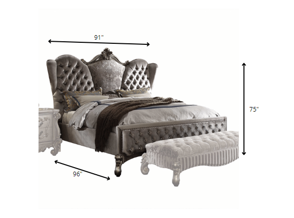 87" X 100" X 75" Velvet Antique Platinum Upholstery Poly Resin California King Bed