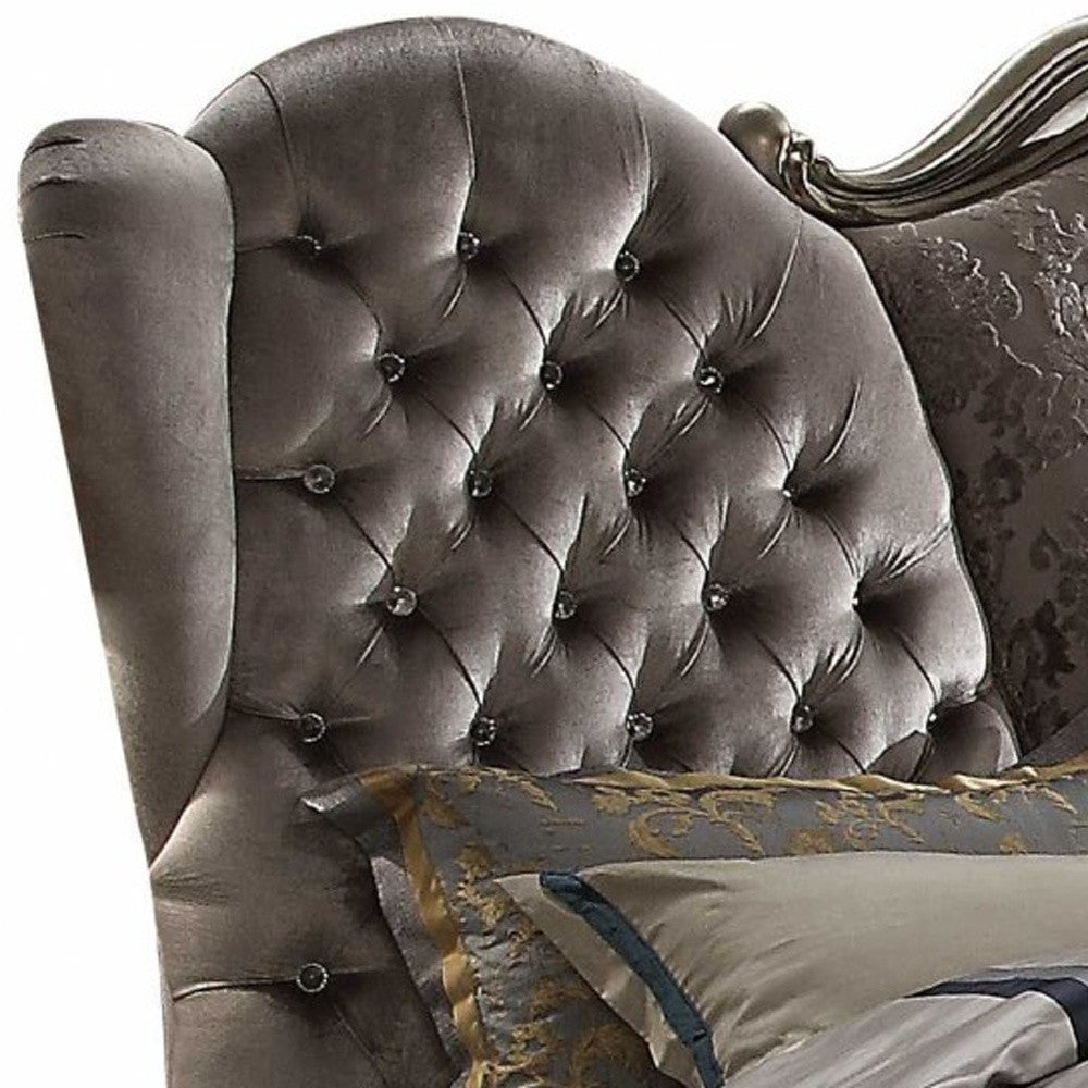 87" X 100" X 75" Velvet Antique Platinum Upholstery Poly Resin California King Bed
