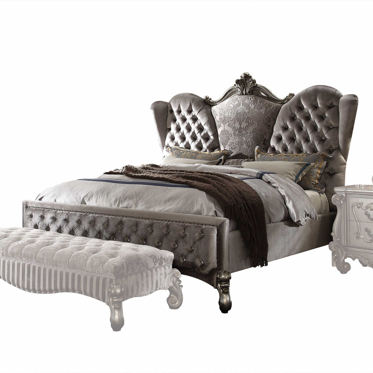 87" X 100" X 75" Velvet Antique Platinum Upholstery Poly Resin California King Bed