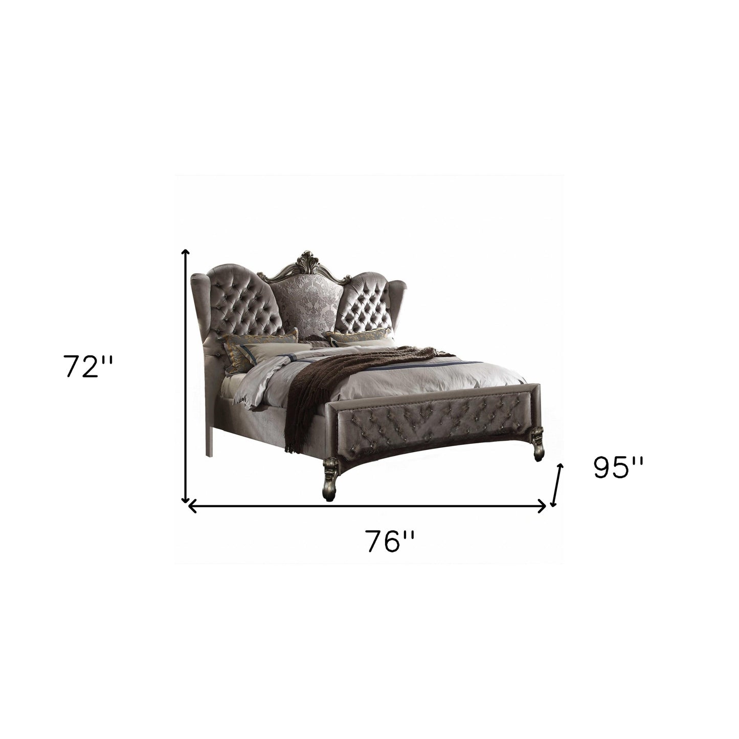 87" X 100" X 75" Velvet Antique Platinum Upholstery Poly Resin California King Bed