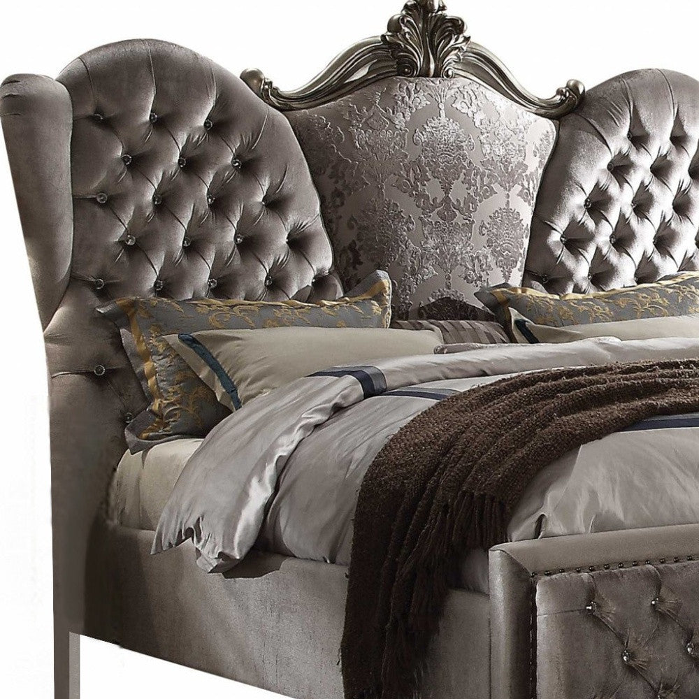 87" X 100" X 75" Velvet Antique Platinum Upholstery Poly Resin California King Bed