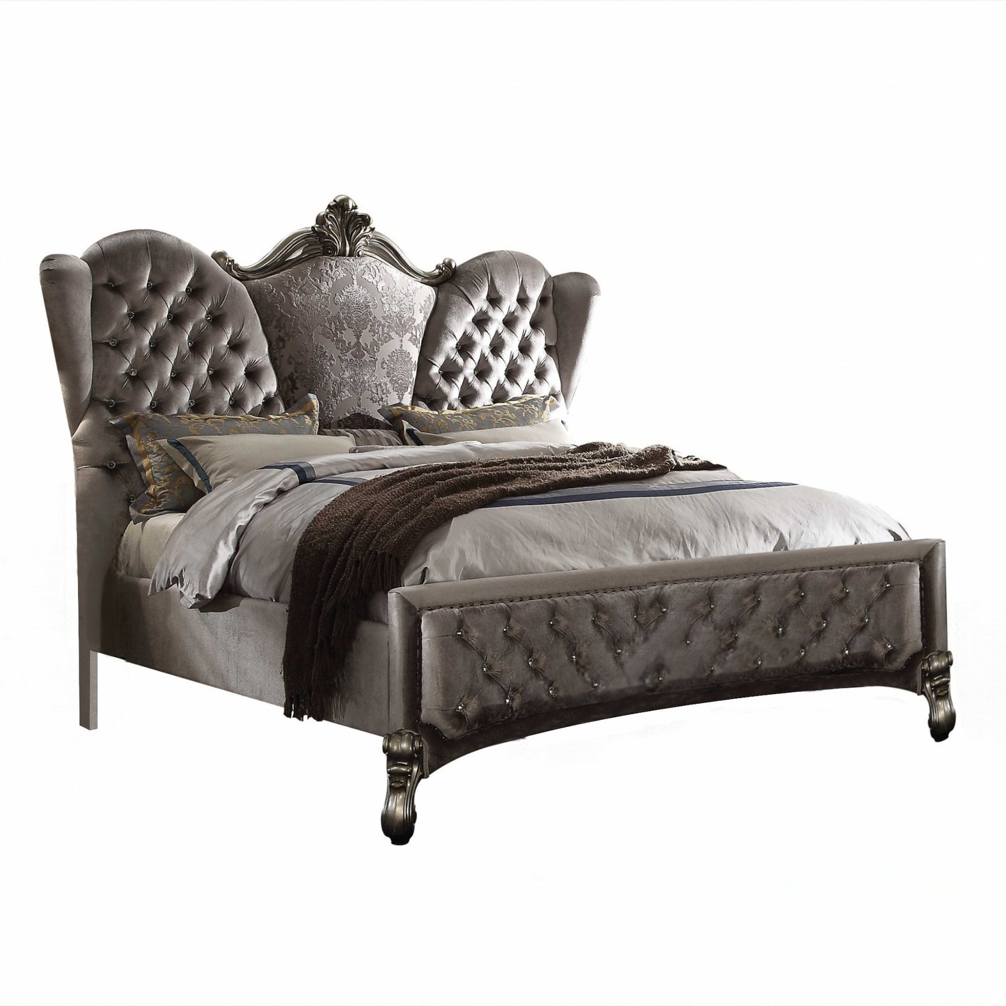 87" X 100" X 75" Velvet Antique Platinum Upholstery Poly Resin California King Bed