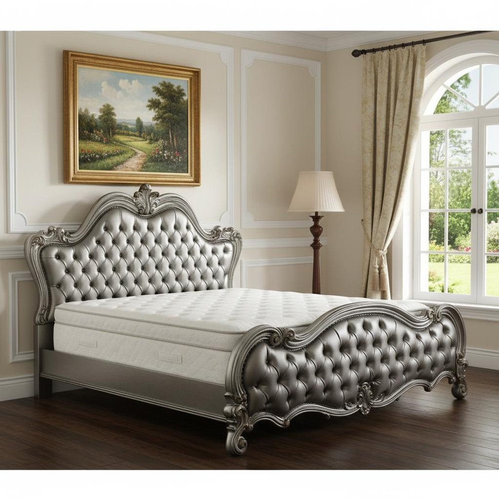 73" X 99" X 72" Silver Pu Antique Platinum Upholstery Poly Resin Queen Bed
