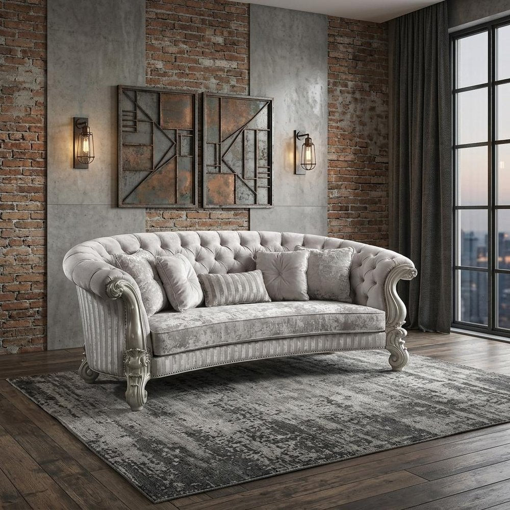 55" Ivory Velvet Curved Floral Sofa And Toss Pillows With Gray Legs