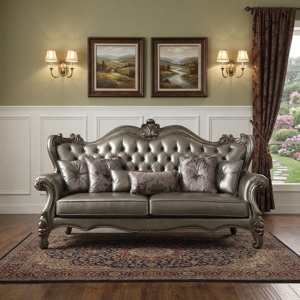 46" Platinum Faux Leather Curved Sofa And Toss Pillows