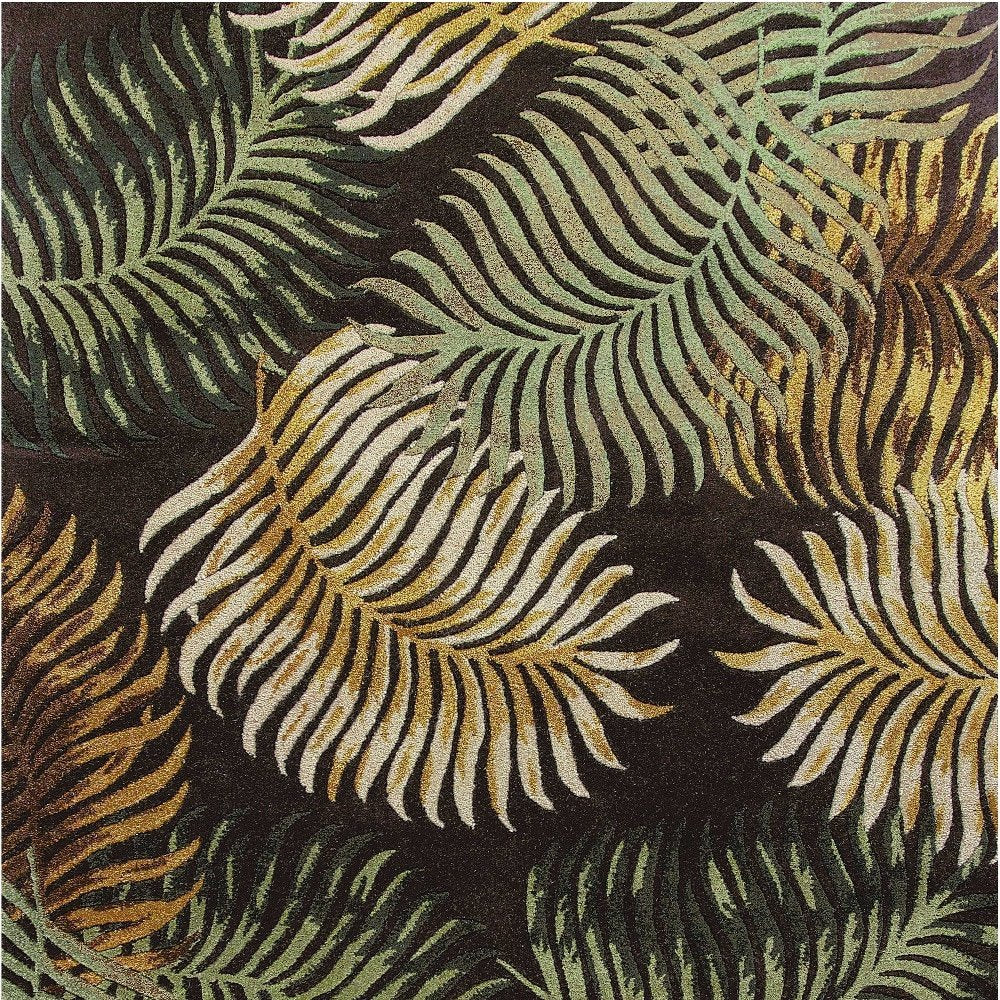 3' X 5' Espresso Beige And Green Wool Botanical Leaves Hand Tufted Area Rug