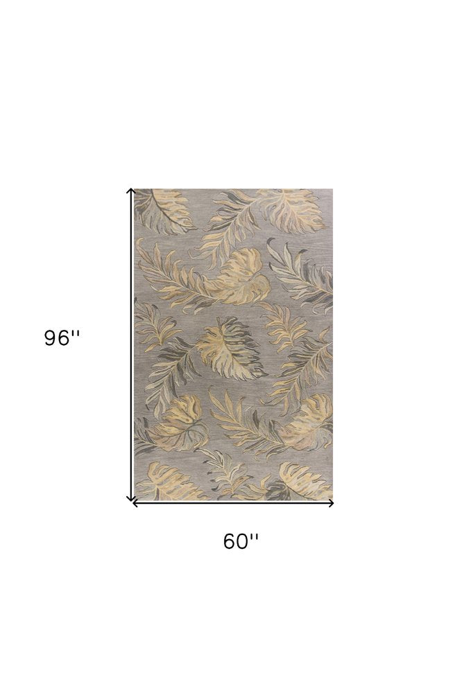 5' X 8' Gray And Taupe Wool Botanical Leaves Hand Tufted Area Rug