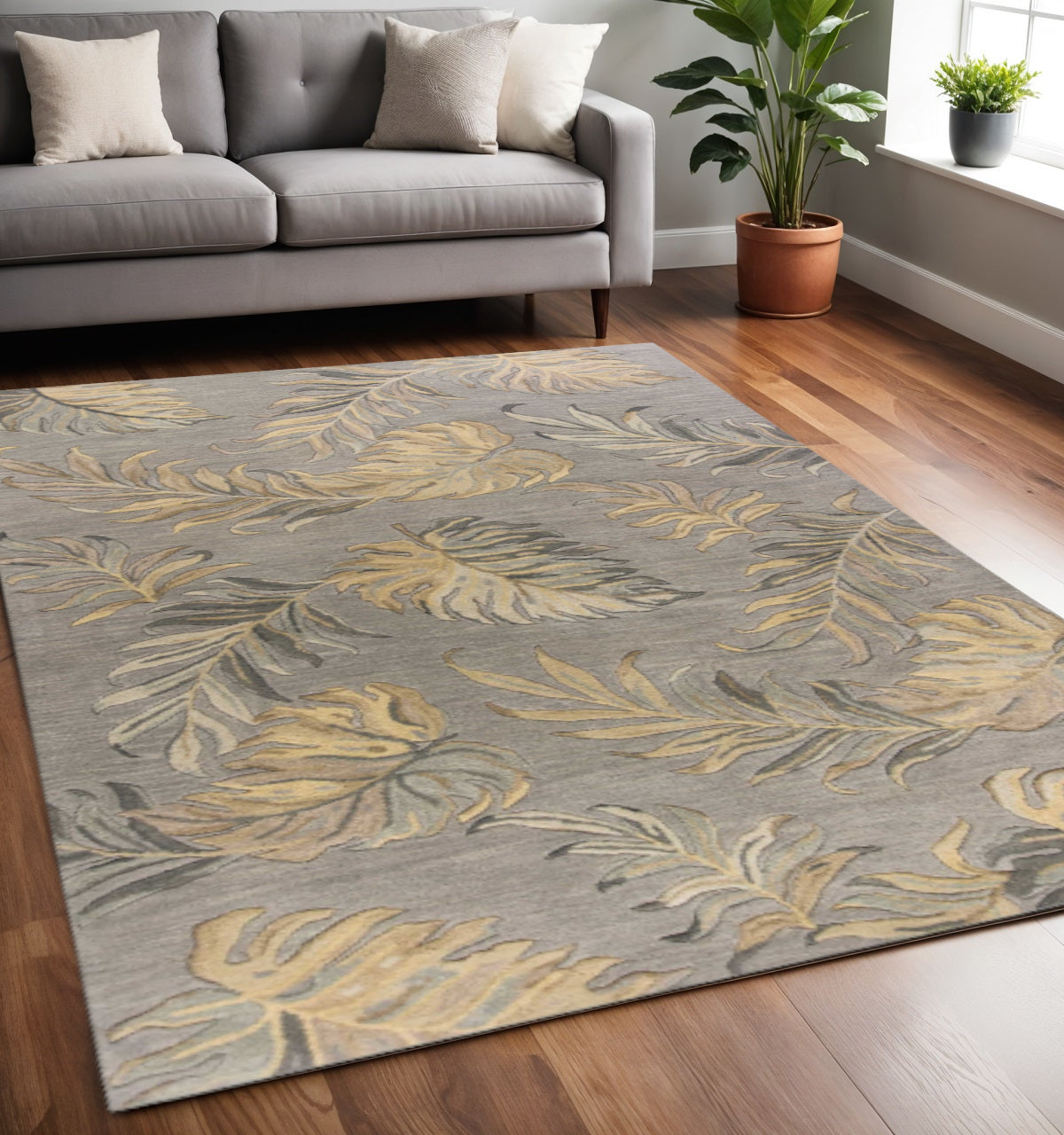 5' X 8' Gray And Taupe Wool Botanical Leaves Hand Tufted Area Rug