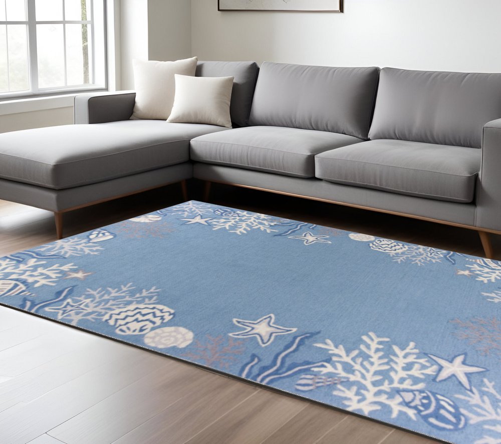 8' X 10' Blue Gray And White Fish and Coral Hand Tufted Area Rug