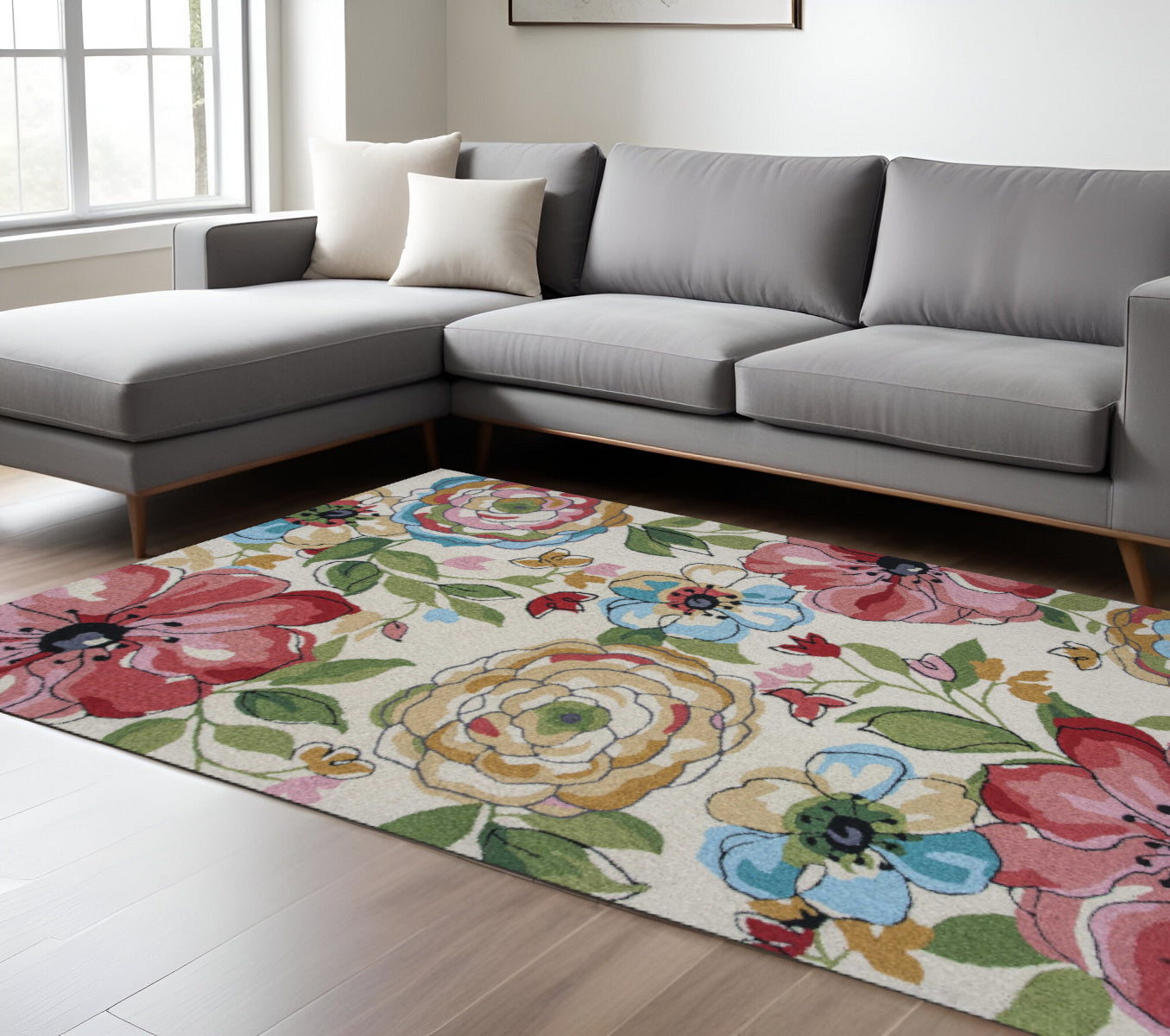 8' X 8' Sand Blue And Red Floral Hand Hooked Round Rug