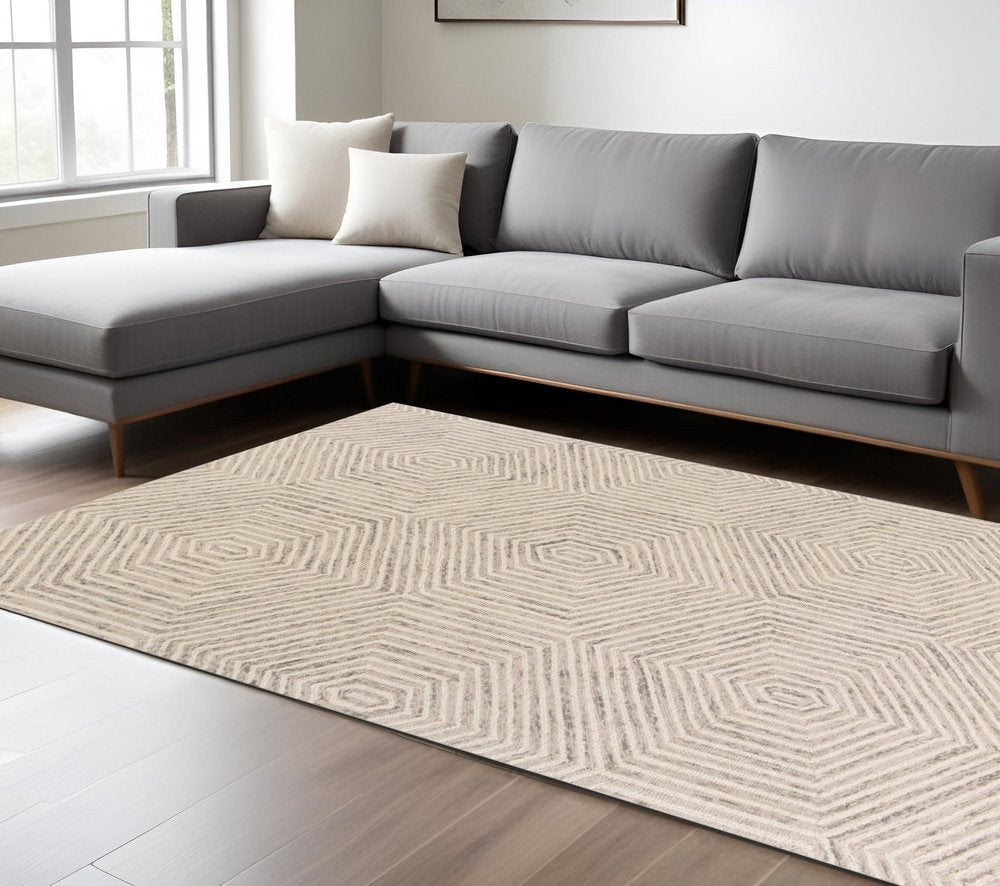 9' X 12' Sand Beige Wool Geometric Hand Tufted Area Rug