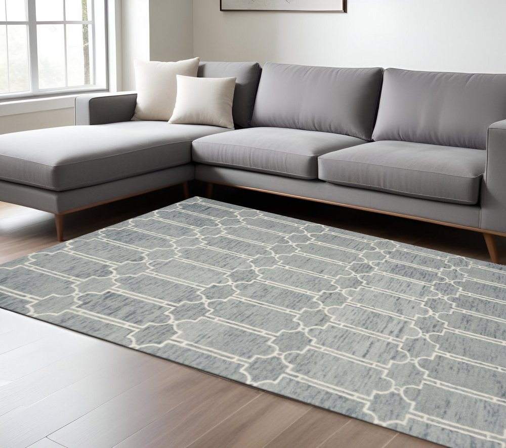 8' X 10' Slate Blue And Ivory Wool Geometric Hand Tufted Area Rug