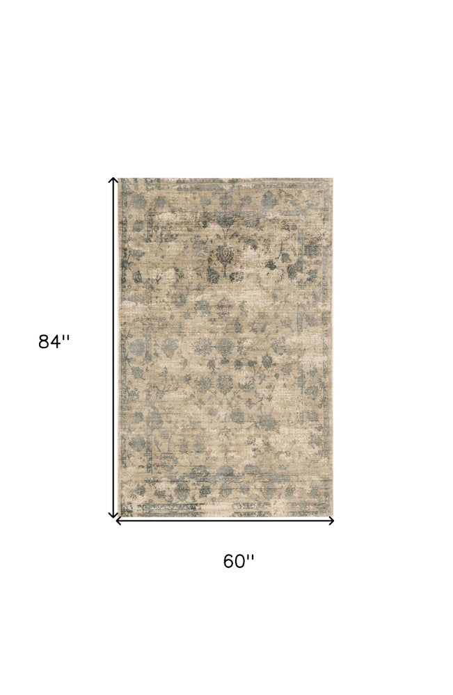5' X 7' Beige And Blue Floral Medallion Hand Loomed Area Rug
