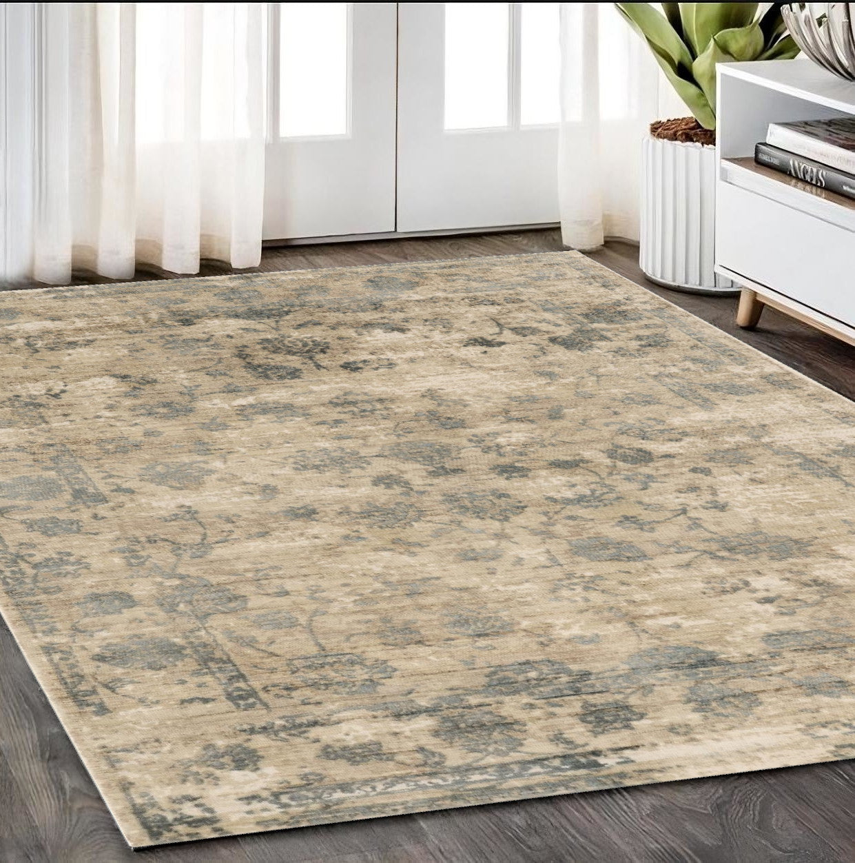 5' X 7' Beige And Blue Floral Medallion Hand Loomed Area Rug