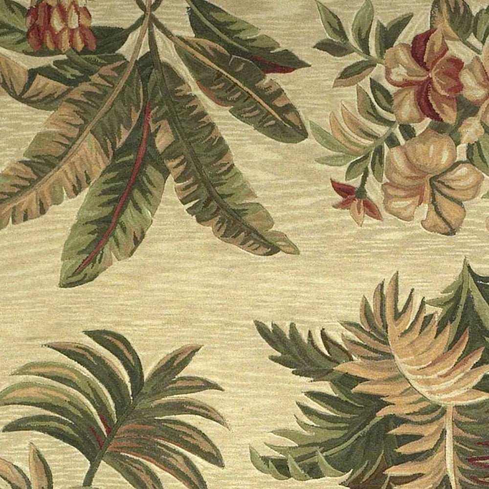 10' Ivory Green And Brown Wool Tropical Botanical Hand Tufted Runner Rug
