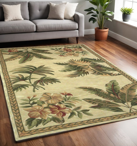 10' Ivory Green And Brown Wool Tropical Botanical Hand Tufted Runner Rug