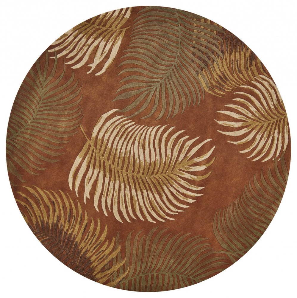5' X 8' Rust Orange And Green Wool Botanical Leaves Hand Tufted Area Rug