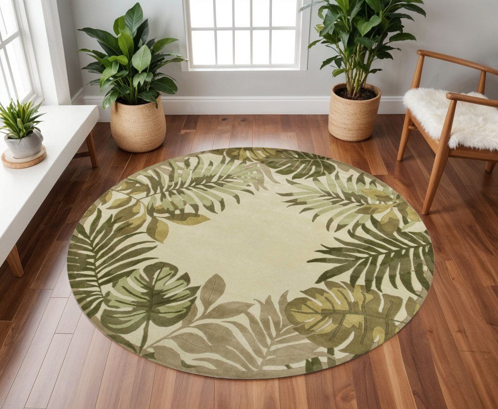 5' X 8' Ivory And Green Wool Botanical Leaves Hand Tufted Area Rug