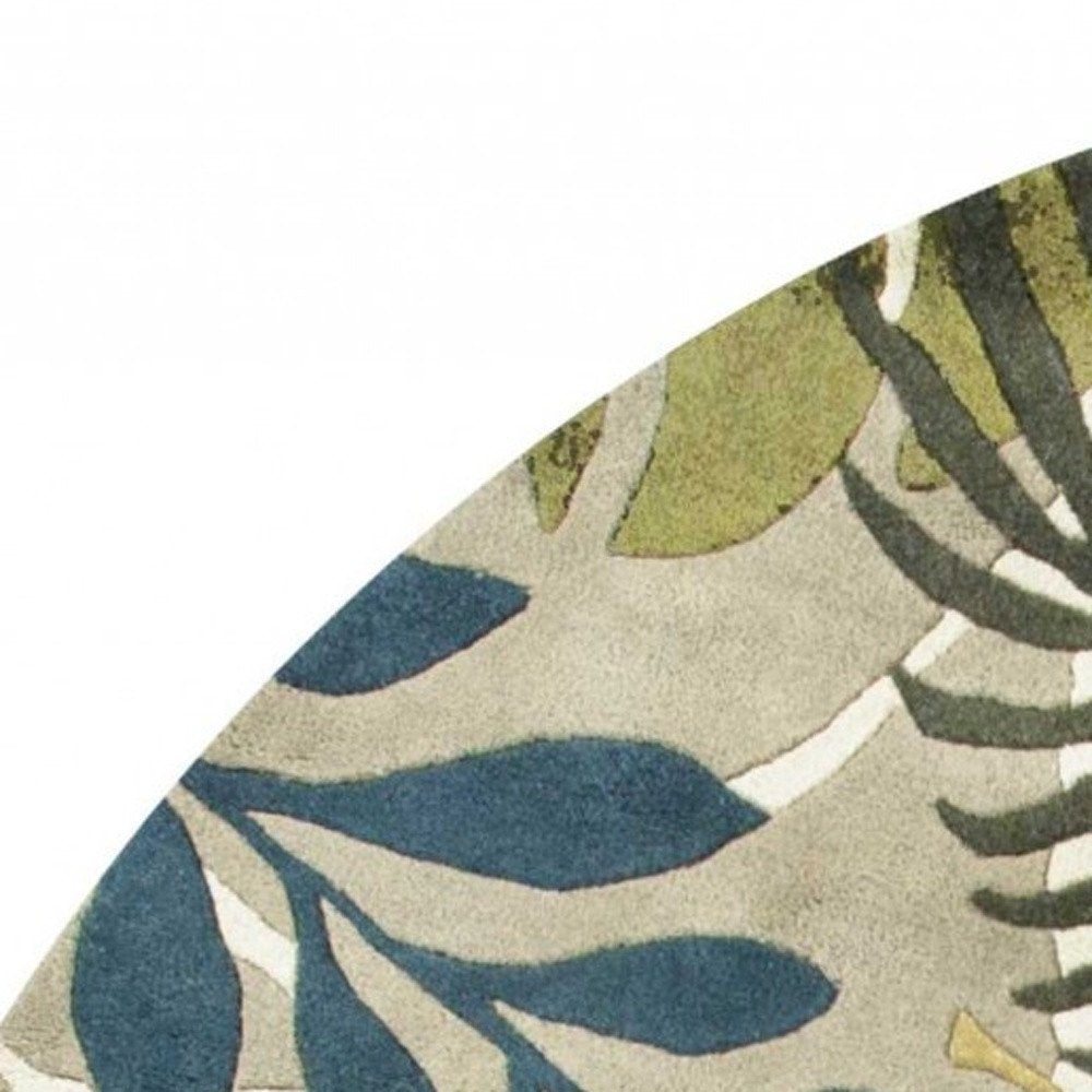 8' Ivory Green And Blue Wool Botanical Leaves Hand Tufted Runner Rug