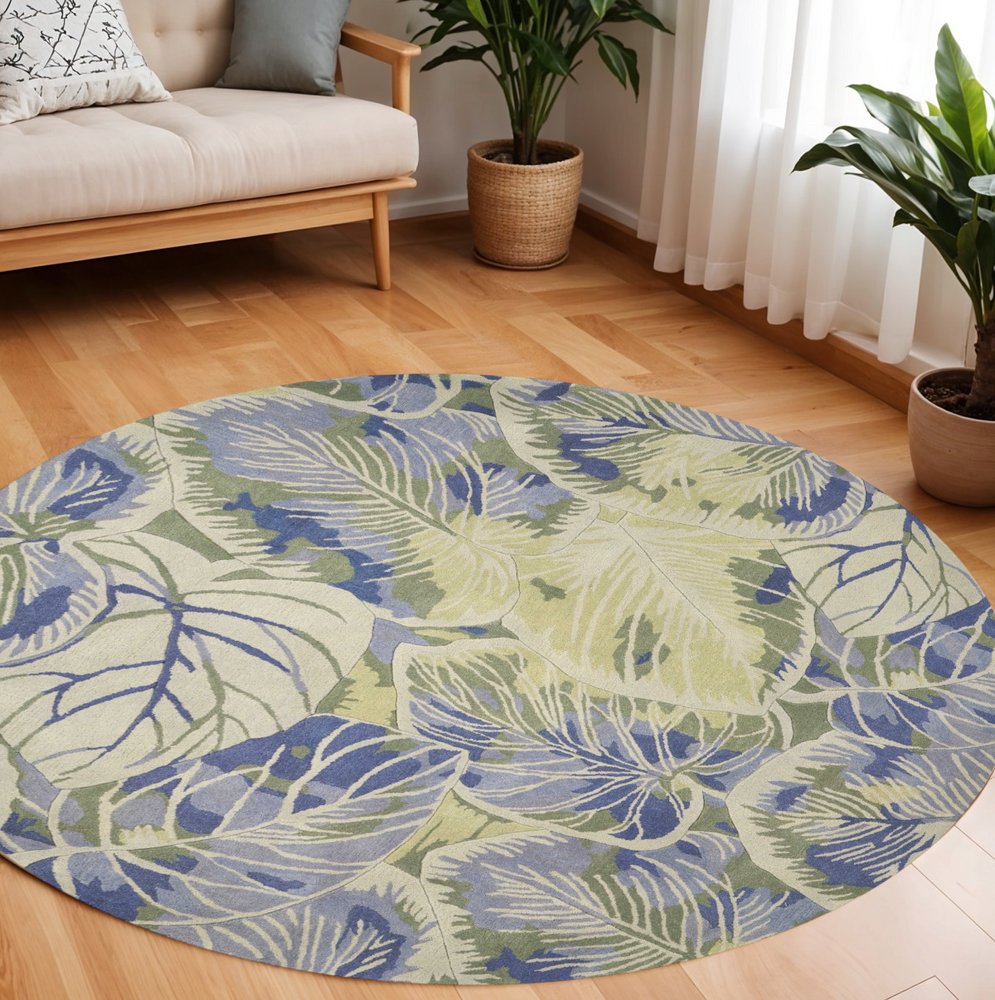 7' X 9' Blue Green And Beige Wool Tropical Botanical Hand Tufted Area Rug
