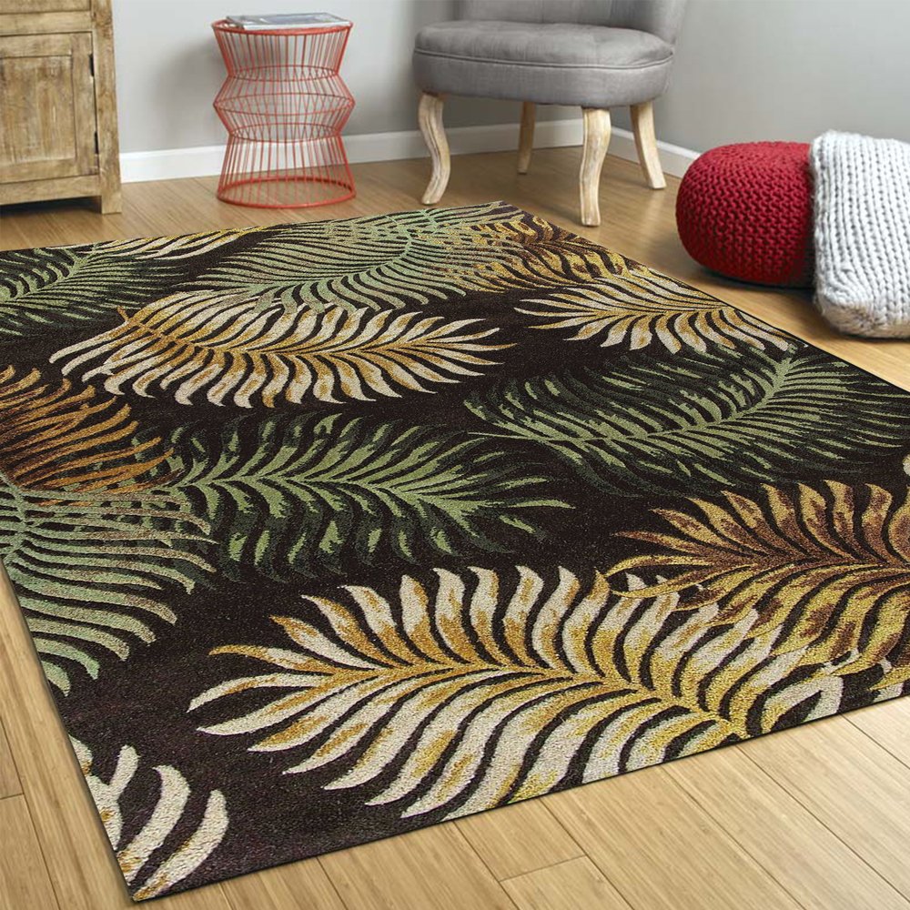 3' X 5' Espresso Beige And Green Wool Botanical Leaves Hand Tufted Area Rug