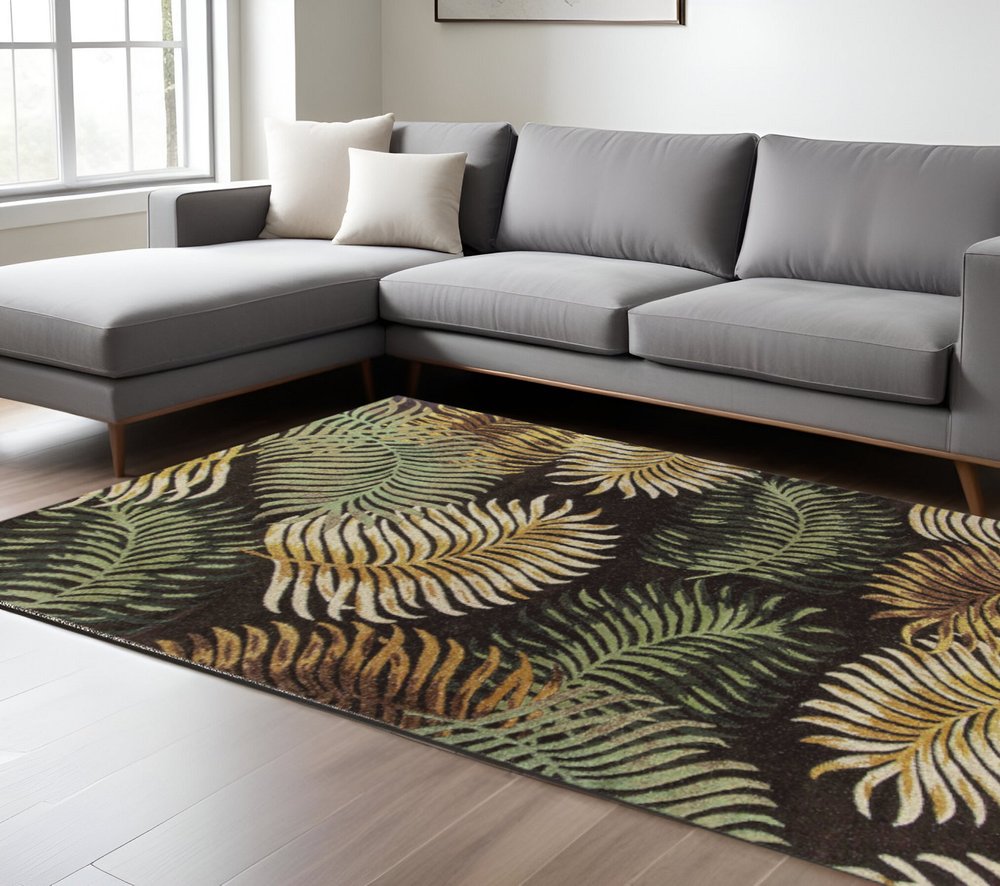 3' X 5' Espresso Beige And Green Wool Botanical Leaves Hand Tufted Area Rug