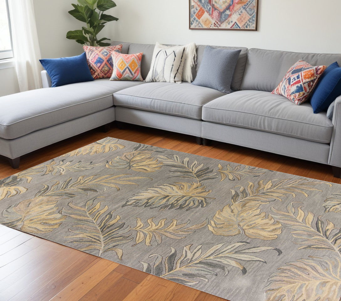 5' X 8' Gray And Taupe Wool Botanical Leaves Hand Tufted Area Rug