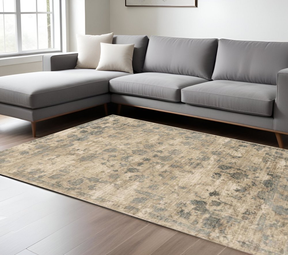 5' X 7' Beige And Blue Floral Medallion Hand Loomed Area Rug