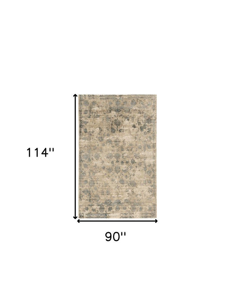 5' X 7' Beige And Blue Floral Medallion Hand Loomed Area Rug