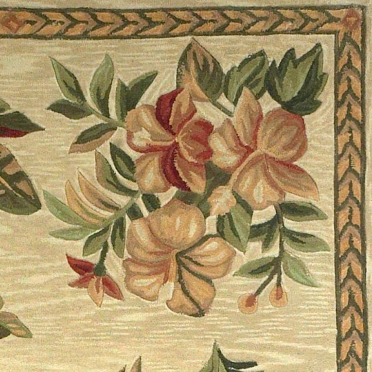10' Ivory Green And Brown Wool Tropical Botanical Hand Tufted Runner Rug