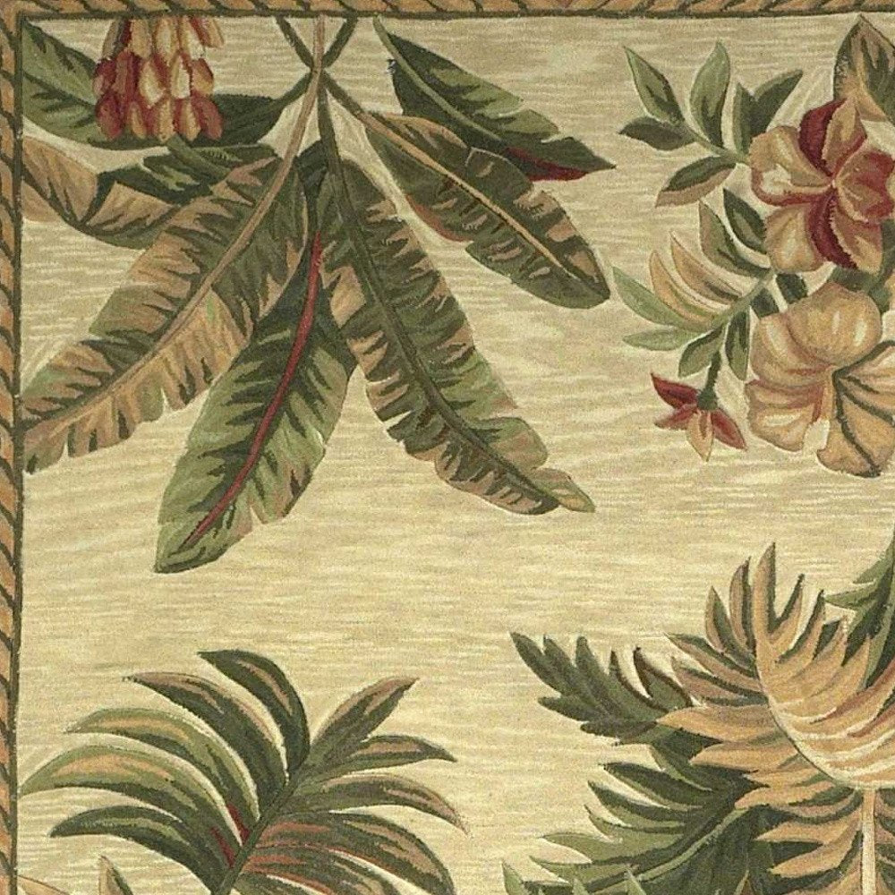 10' Ivory Green And Brown Wool Tropical Botanical Hand Tufted Runner Rug