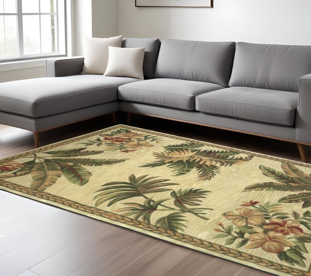 5' X 8' Ivory Green And Brown Wool Tropical Botanical Hand Tufted Area Rug