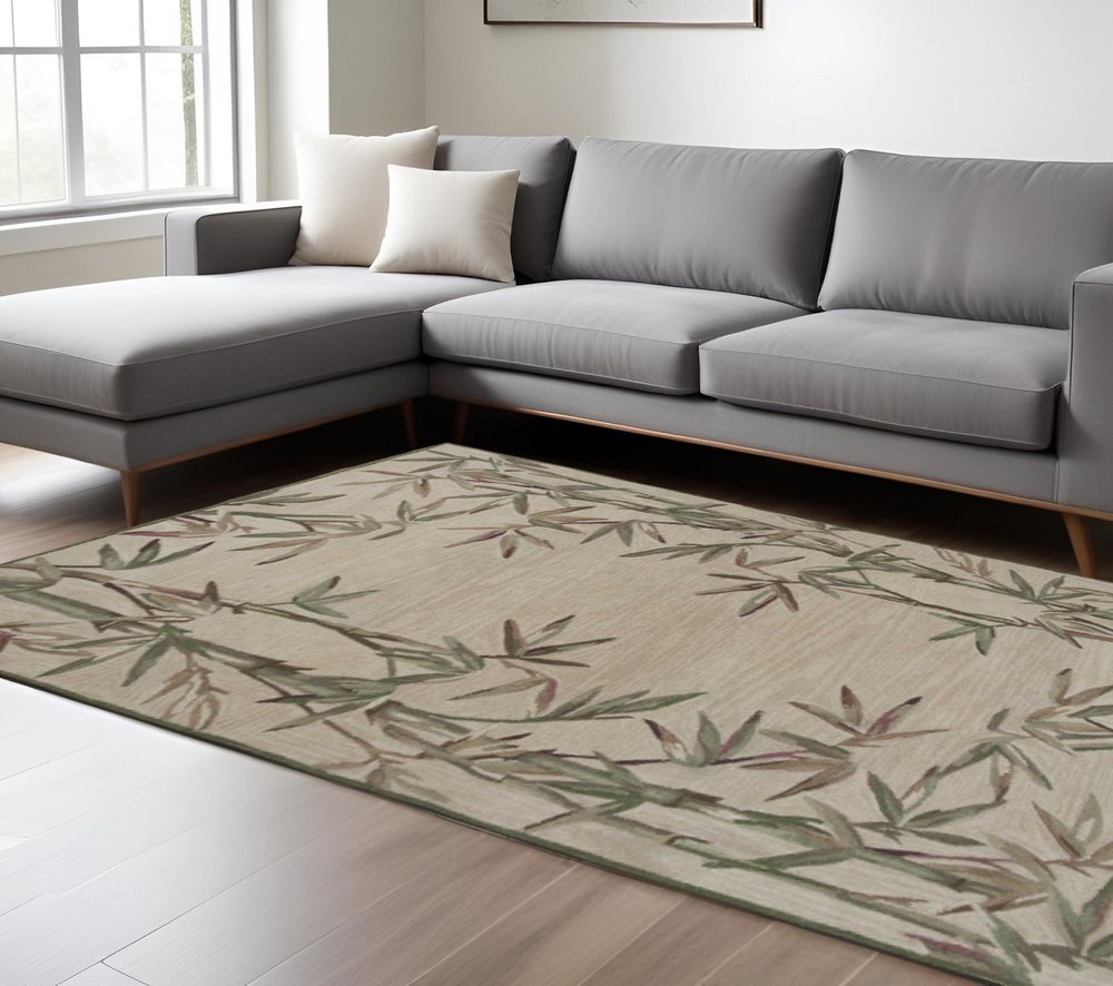 10' Ivory Green And Brown Wool Botanical Leaves Hand Tufted Runner Rug