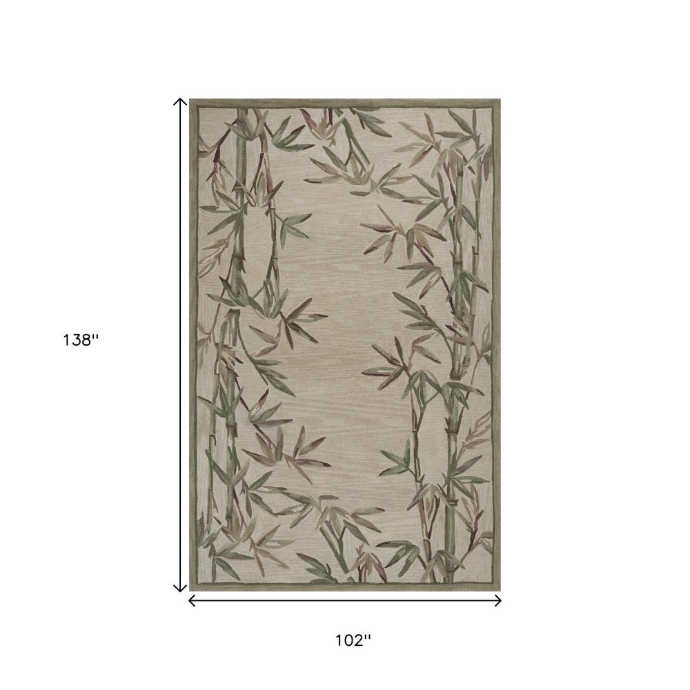 10' Ivory Green And Brown Wool Botanical Leaves Hand Tufted Runner Rug