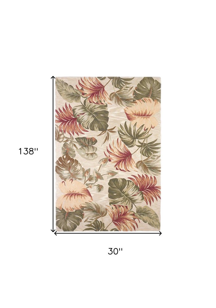 10' Beige Green And Pink Wool Botanical Leaves Hand Tufted Runner Rug