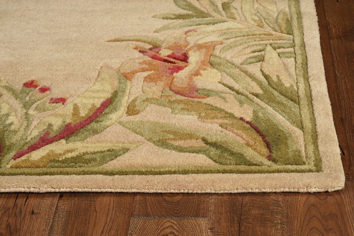 10' Beige Red And Green Wool Tropical Floral Hand Tufted Runner Rug