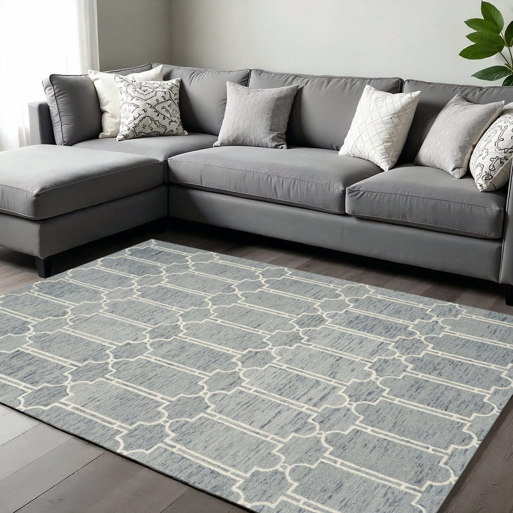 5' X 7' Slate Blue And Ivory Wool Geometric Hand Tufted Area Rug