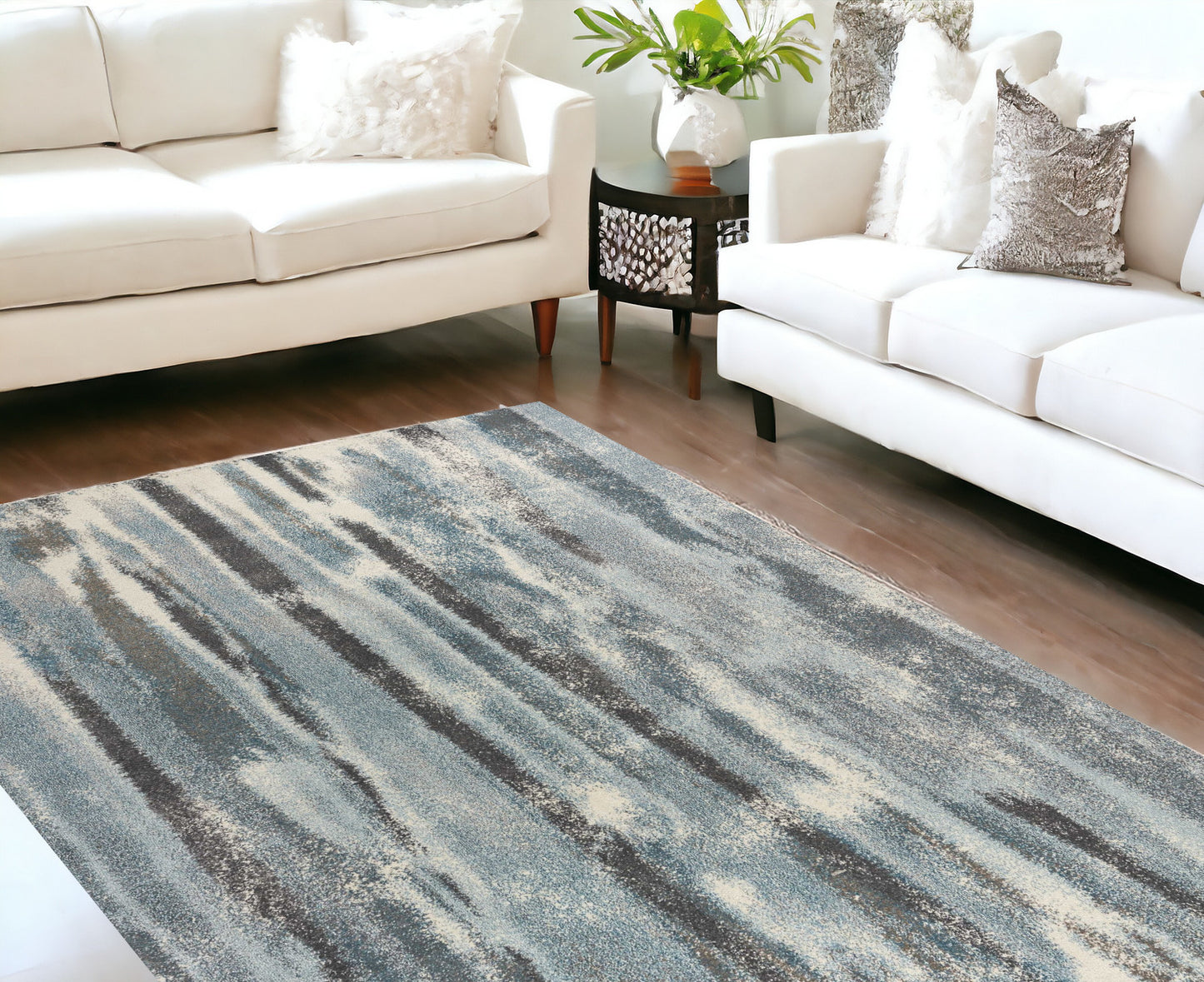 7' X 10' Teal Blue And White Abstract Distressed Area Rug