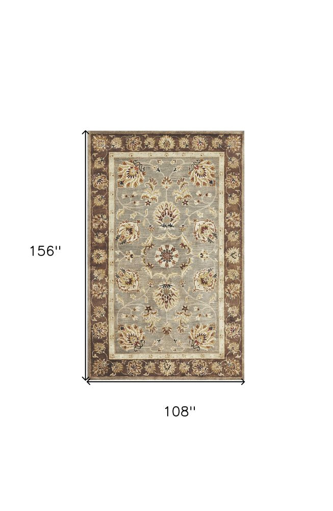 9' X 13' Gray Brown And Ivory New Zealand Lambs Wool Floral Medallion Hand Tufted Area Rug