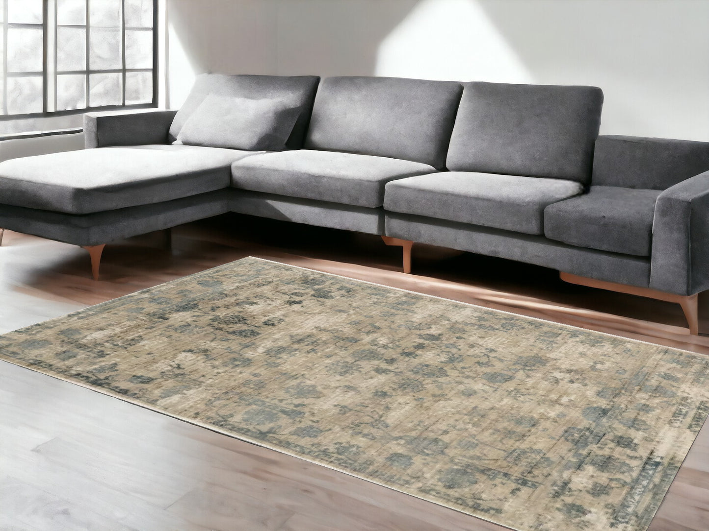 5' X 7' Beige And Blue Floral Medallion Hand Loomed Area Rug