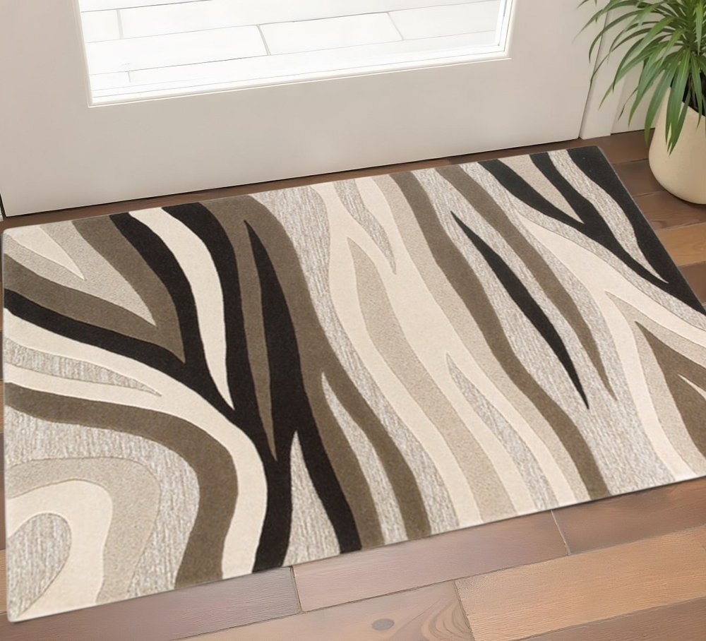 7' Beige Ivory And Black Wool Abstract Hand Tufted Runner Rug