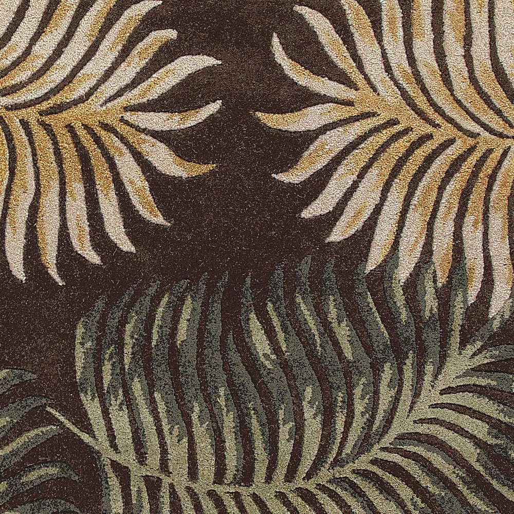 3' X 5' Espresso Beige And Green Wool Botanical Leaves Hand Tufted Area Rug