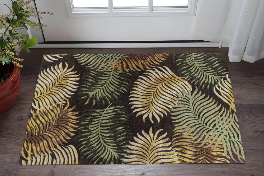 3' X 5' Espresso Beige And Green Wool Botanical Leaves Hand Tufted Area Rug