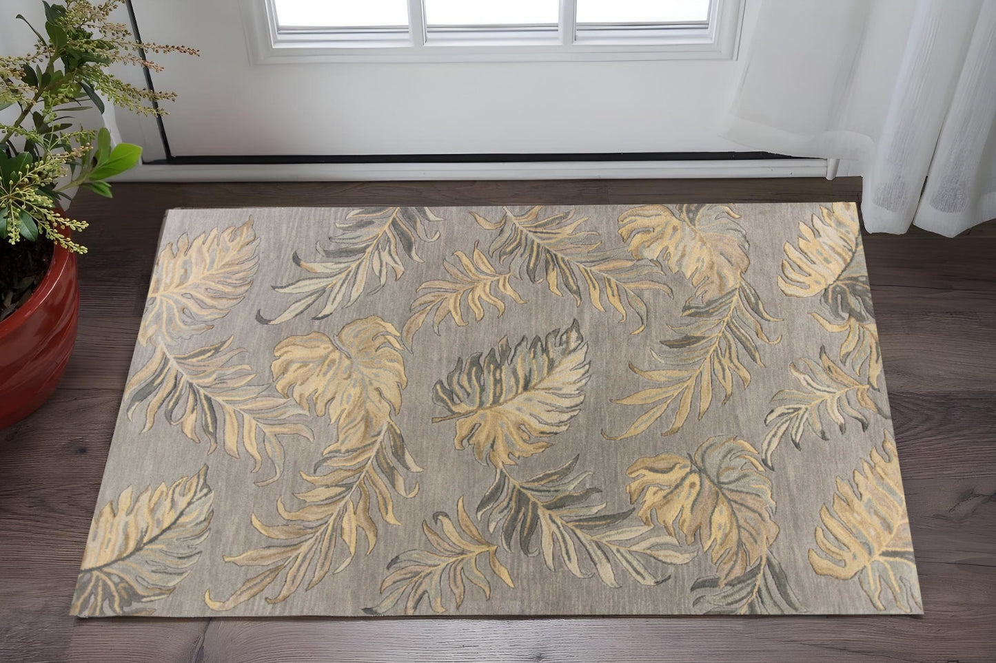 5' X 8' Gray And Taupe Wool Botanical Leaves Hand Tufted Area Rug