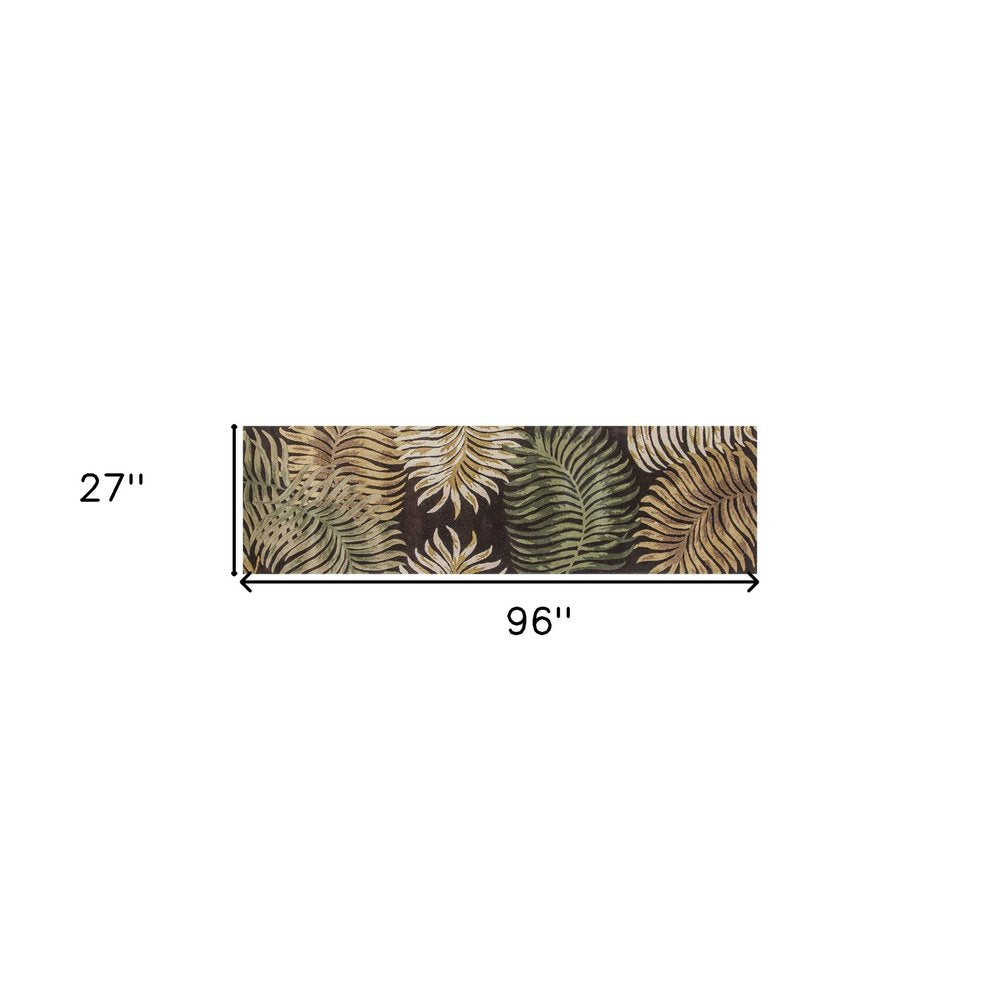 3' X 5' Espresso Beige And Green Wool Botanical Leaves Hand Tufted Area Rug