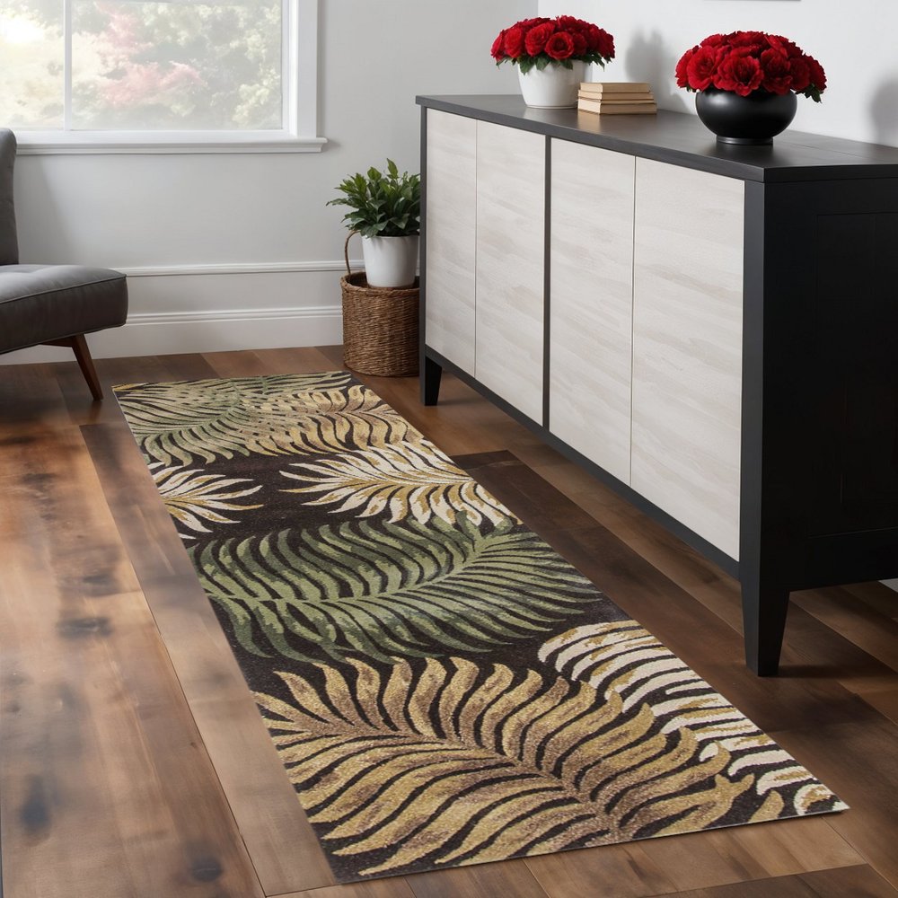 3' X 5' Espresso Beige And Green Wool Botanical Leaves Hand Tufted Area Rug