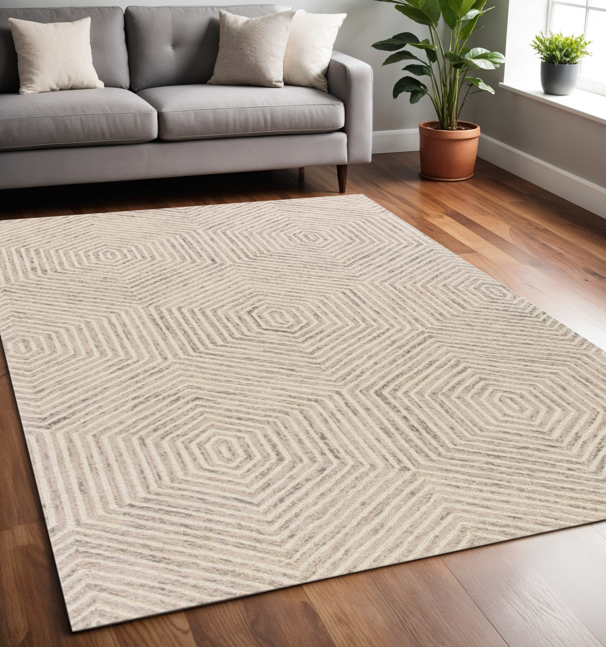 9' X 12' Sand Beige Wool Geometric Hand Tufted Area Rug